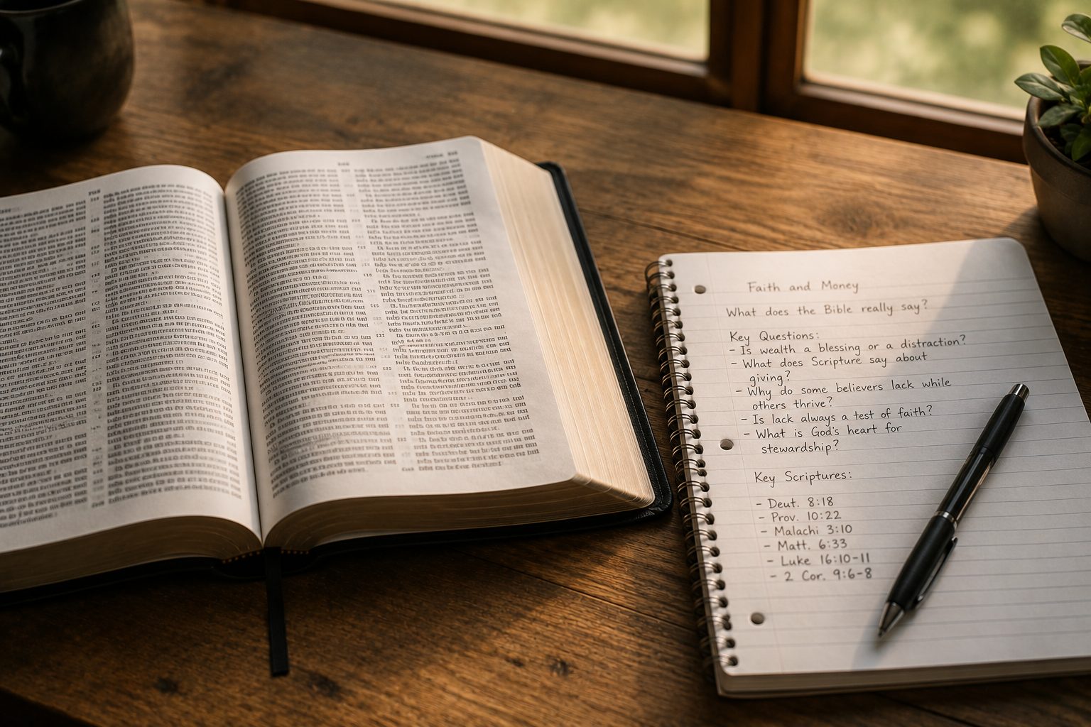 an open Bible and notebook, searching scripture honestly about faith and money