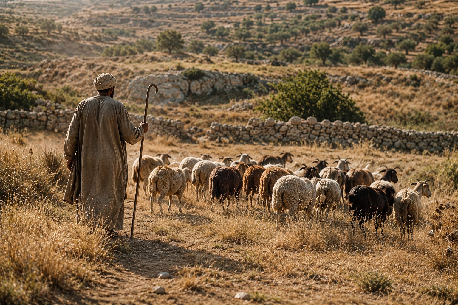 a person tending land and livestock, representing biblical wealth built through faithful work
