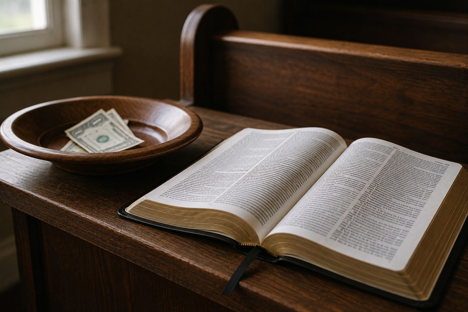 an open Bible beside an offering plate, the gap between the gospel and prosperity teaching