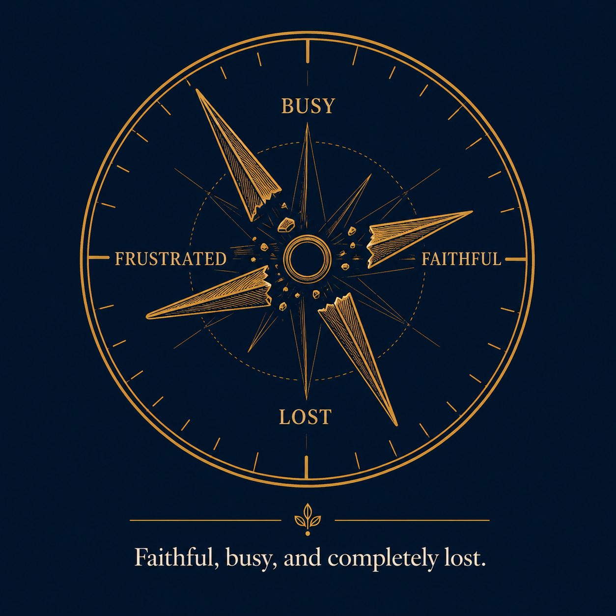 an illustrated broken compass with directions labeled busy, faithful, frustrated, and lost, representing spiritual and financial disorientation