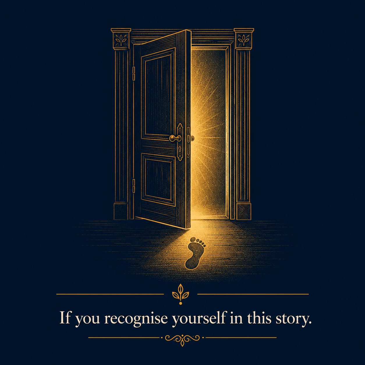 an illustrated open door with light spilling out and a footprint before it, an invitation to recognise your own story