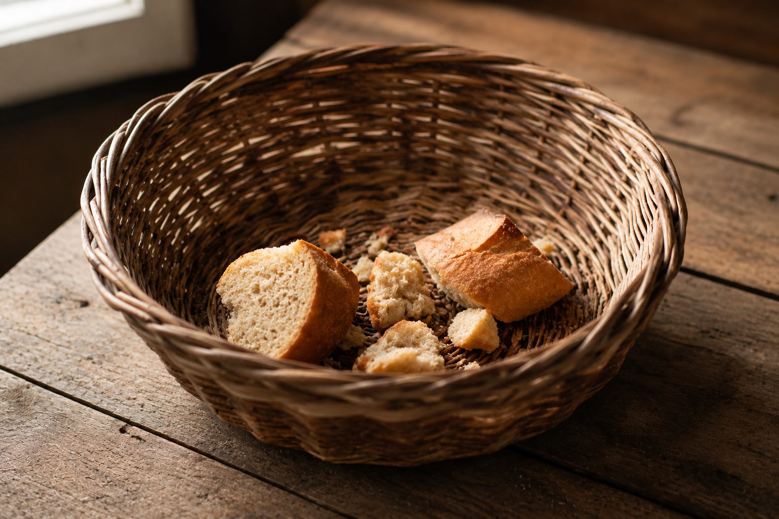 a woven basket with bread fragments, gathering leftovers so nothing is wasted