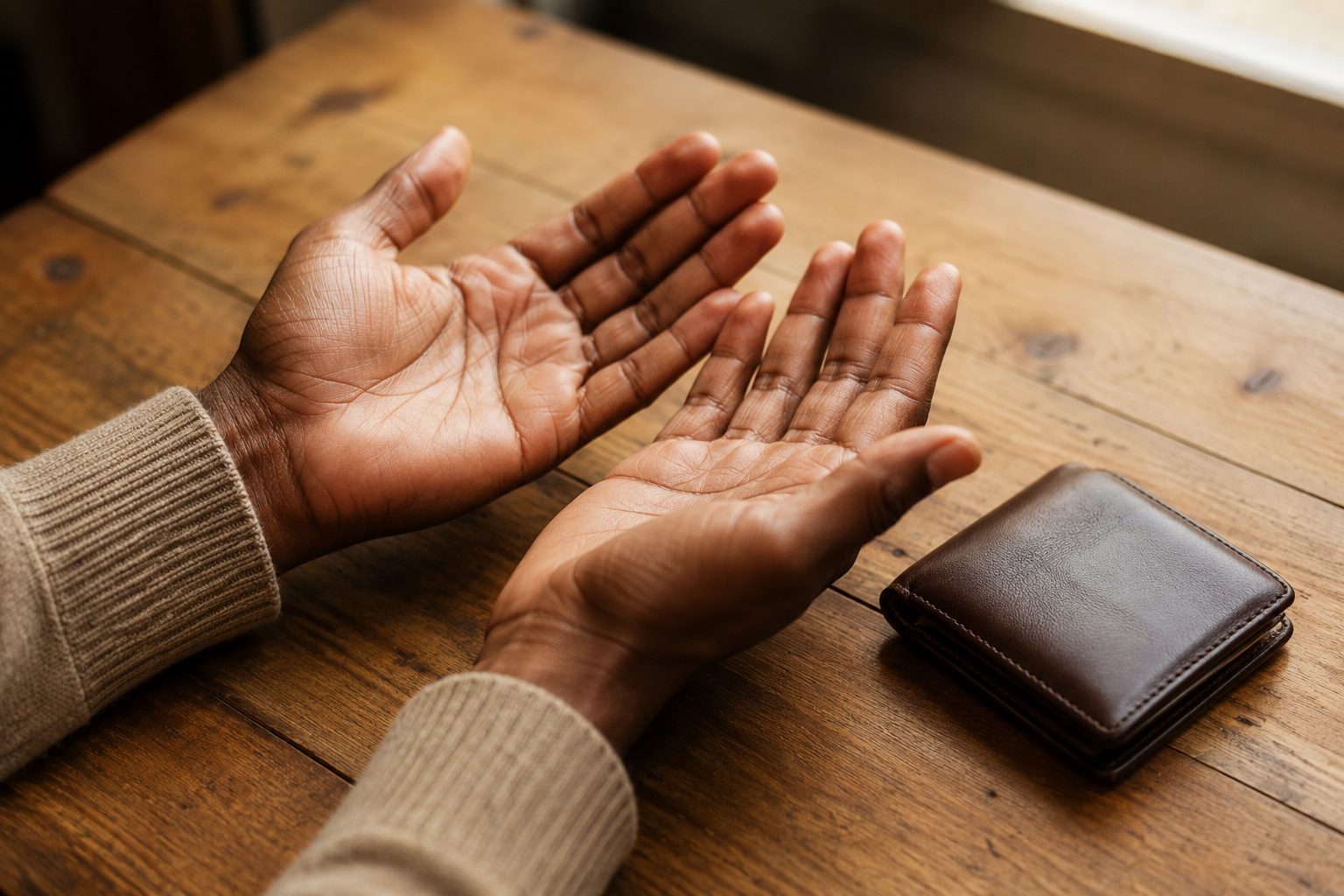 open hands in prayer beside a closed wallet, the difference between prayer and invoking wealth