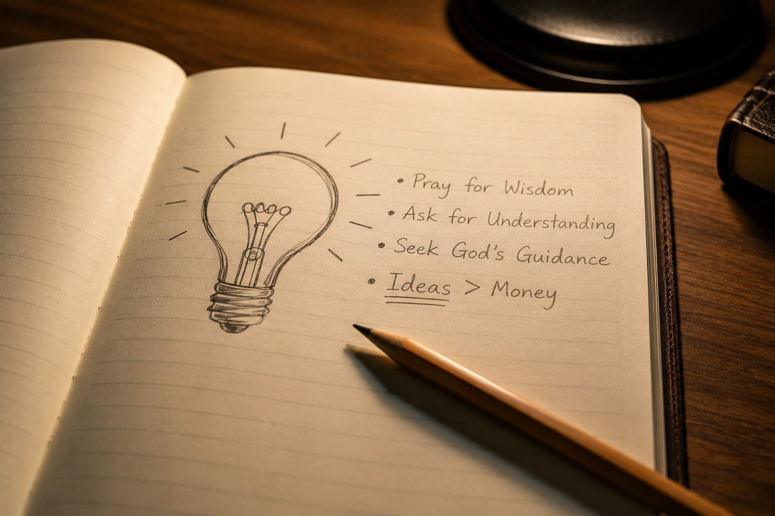 a hand-drawn idea sketch in a notebook, praying for wisdom rather than money