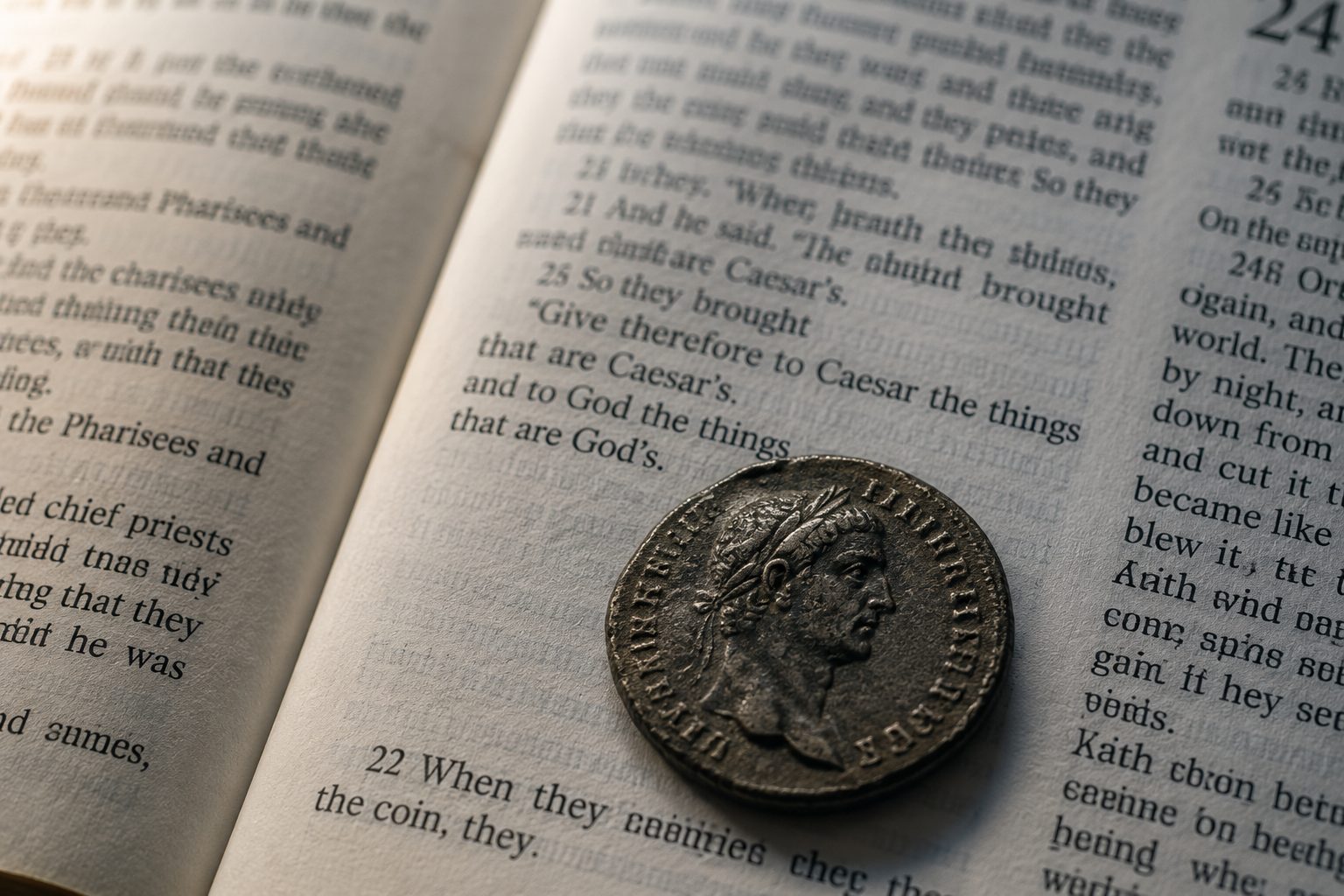 an old coin resting on an open Bible page, God and money in their proper order