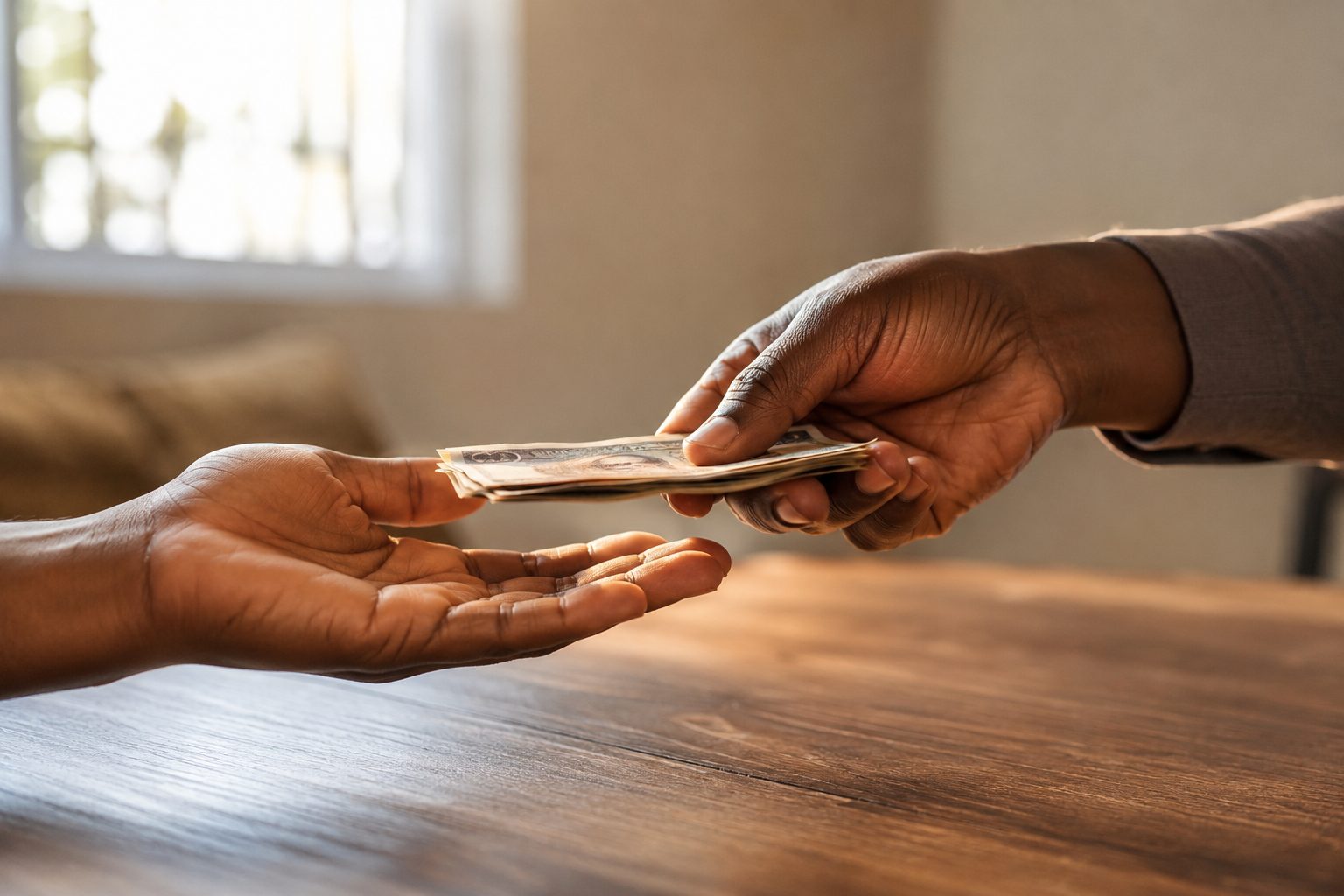 one hand giving money to another, representing what a right relationship with God produces