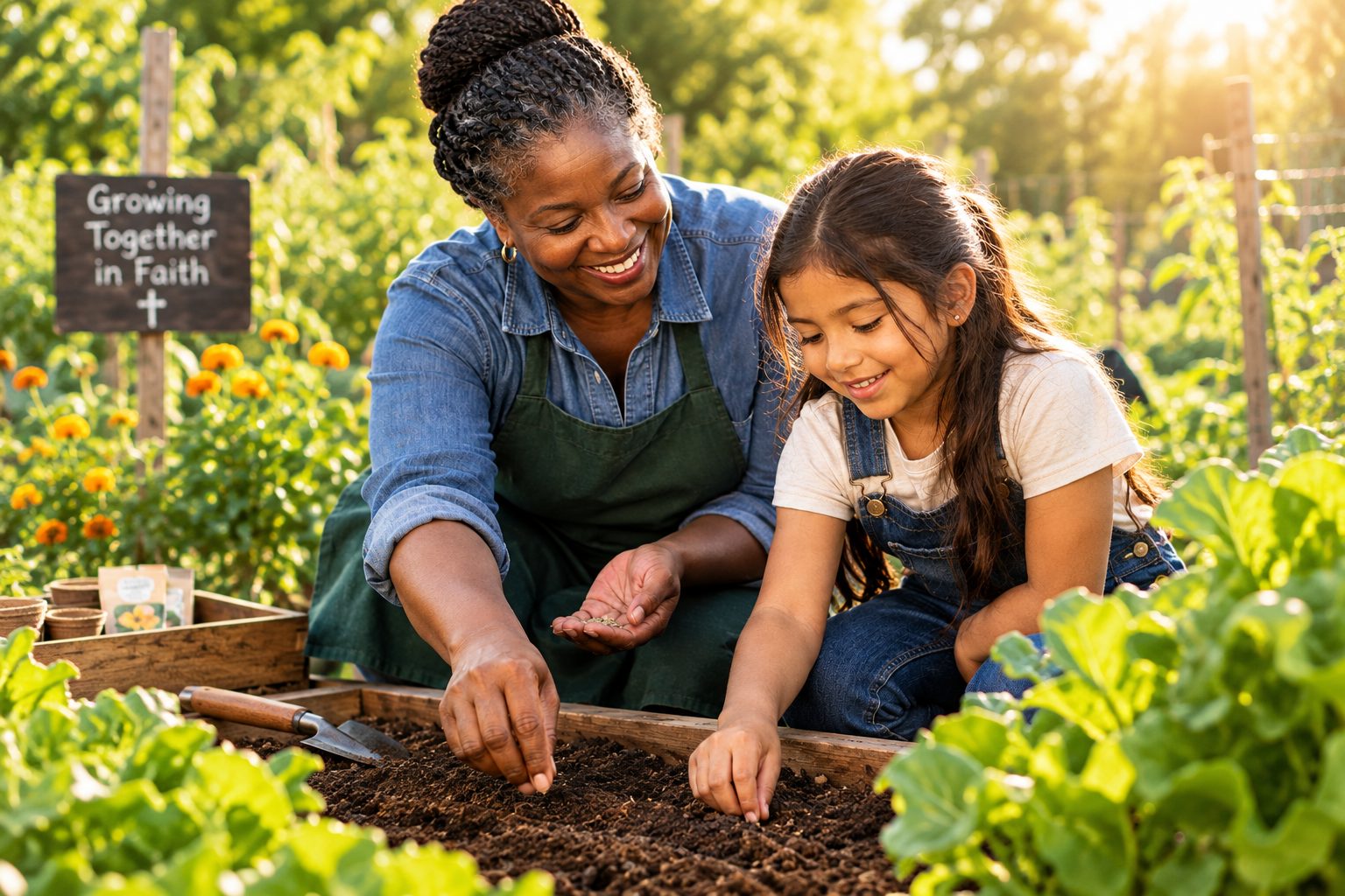 Mature Christian woman mentoring a young girl in a community garden