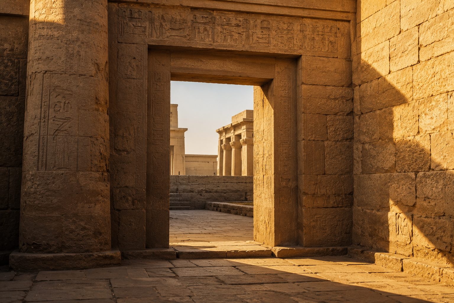 Sunlit stone doorway opening into an ancient Egyptian temple courtyard
