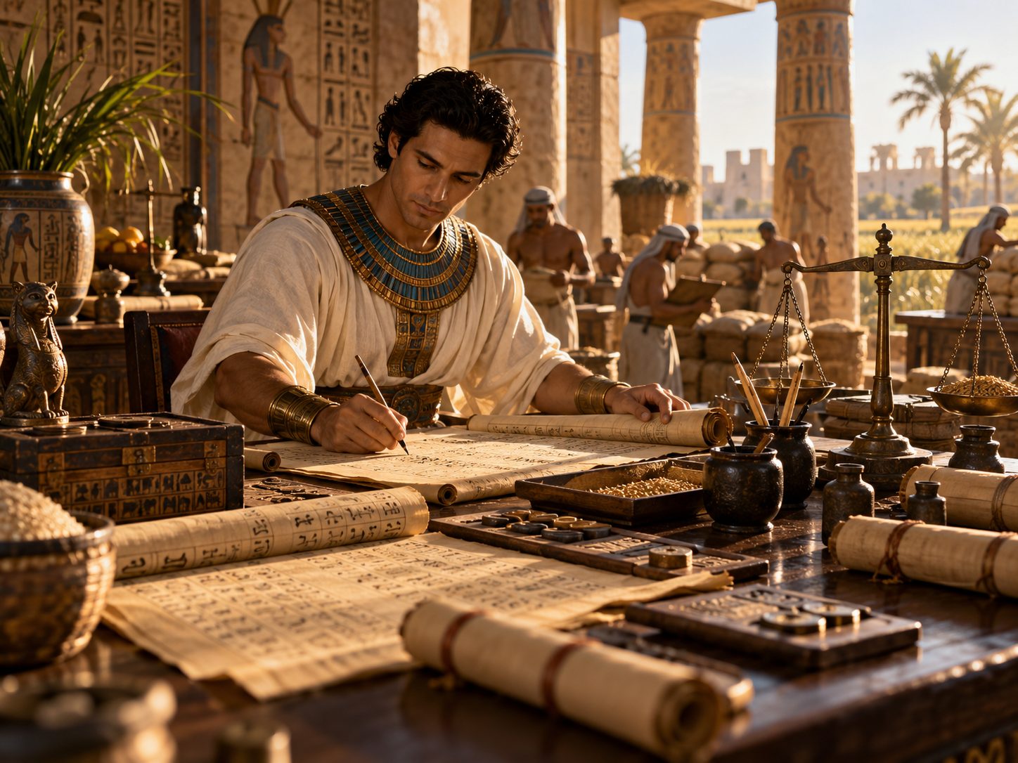 Ancient Egyptian administration office representing Joseph managing Potiphar estate