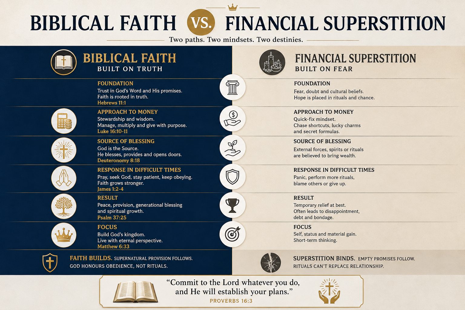 Infographic comparing biblical faith and financial superstition in stewardship