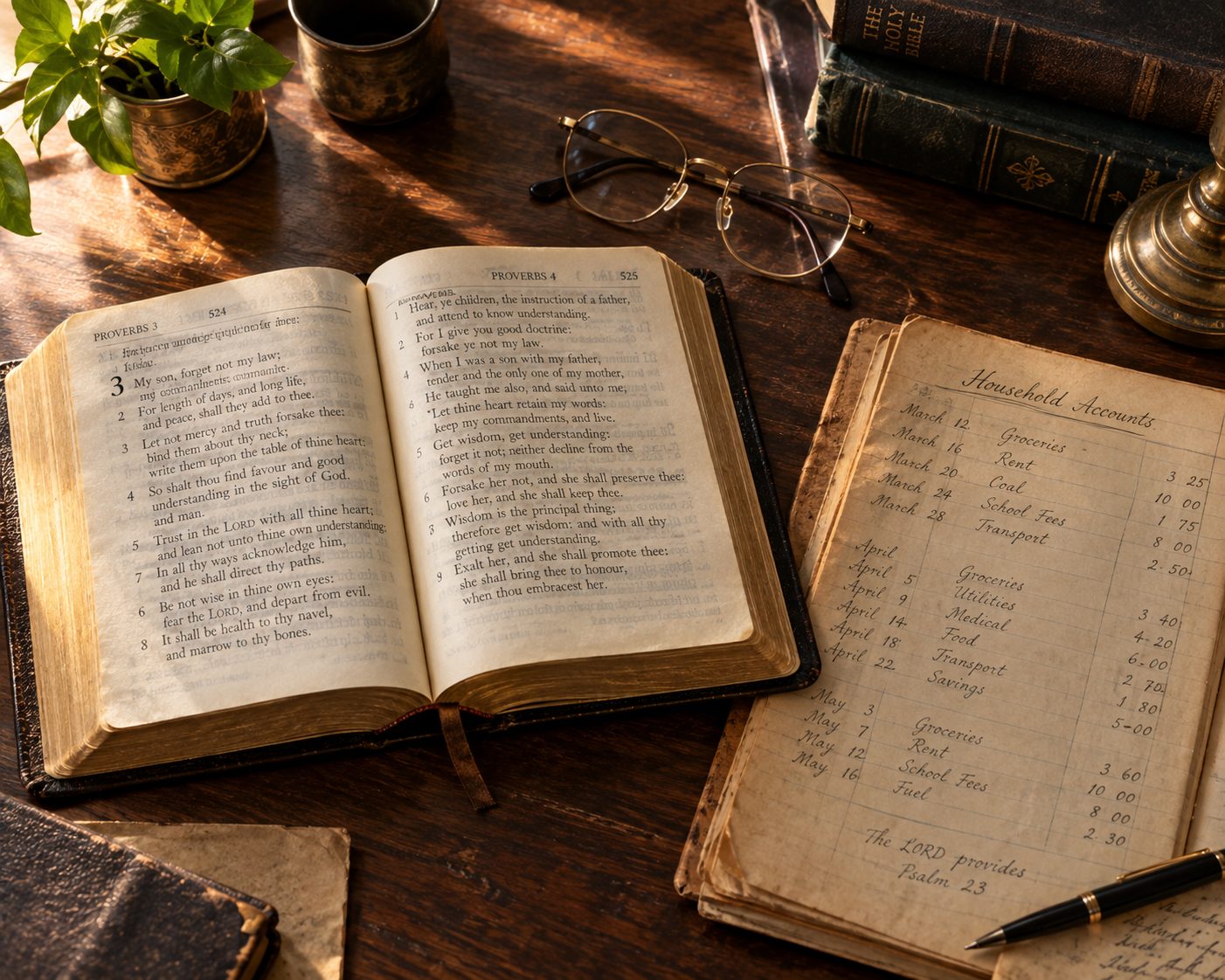 Open Bible and old financial ledger on a dark wooden table