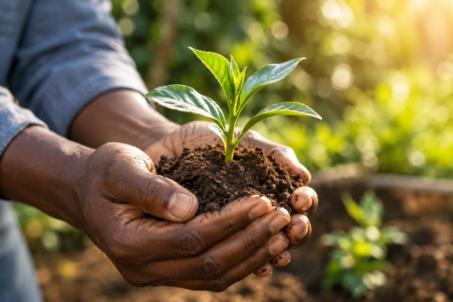 Hands holding a small green plant growing from soil representing biblical increase