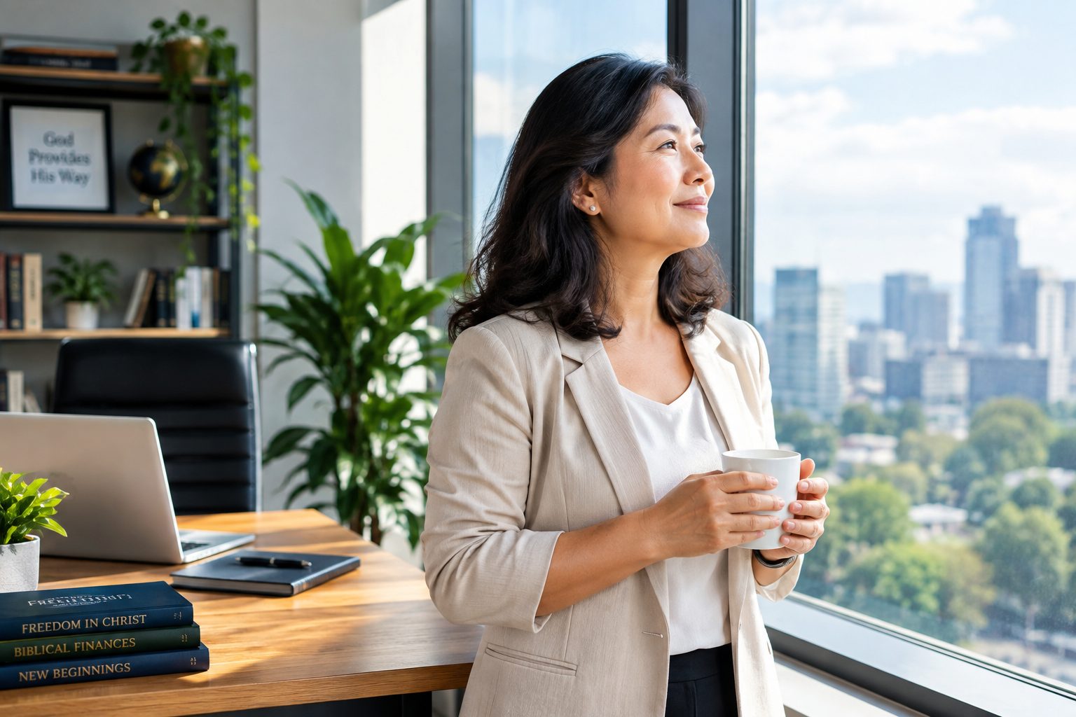A Christian woman finding peace after understanding the biblical meaning of debt relief.