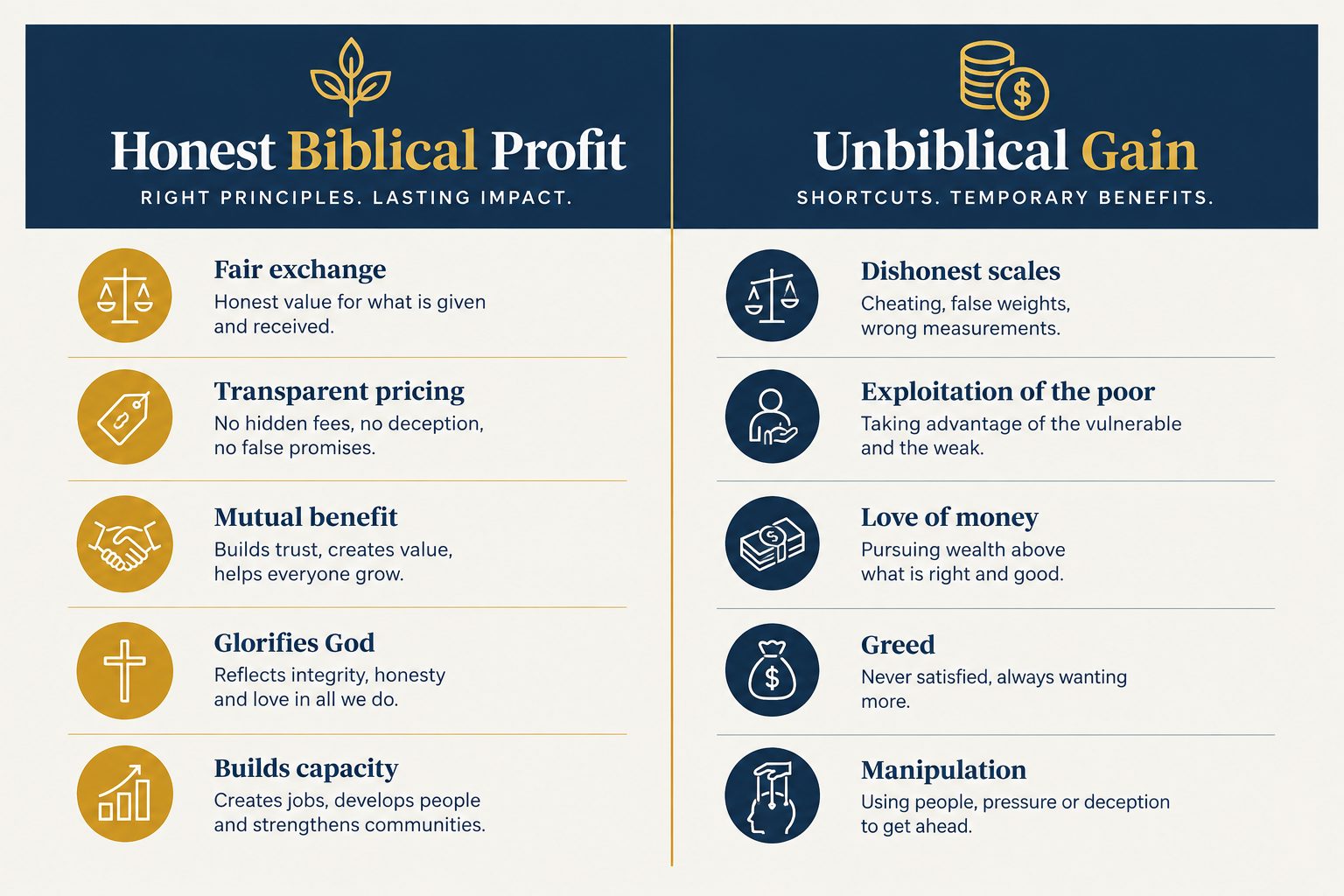 Infographic comparing biblical business profit with unbiblical financial gain