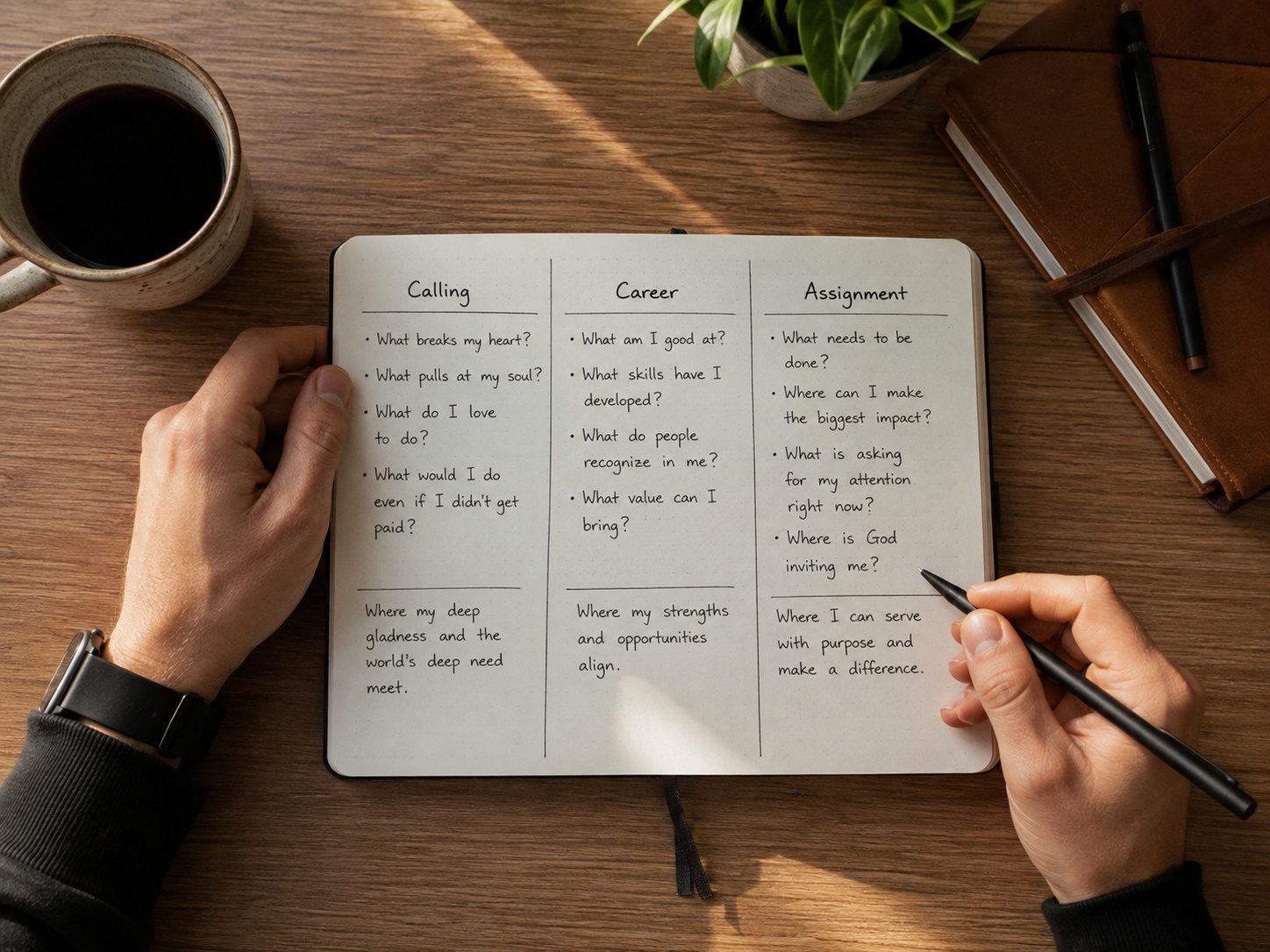 Written journal comparing calling career and assignment definitions on a desk