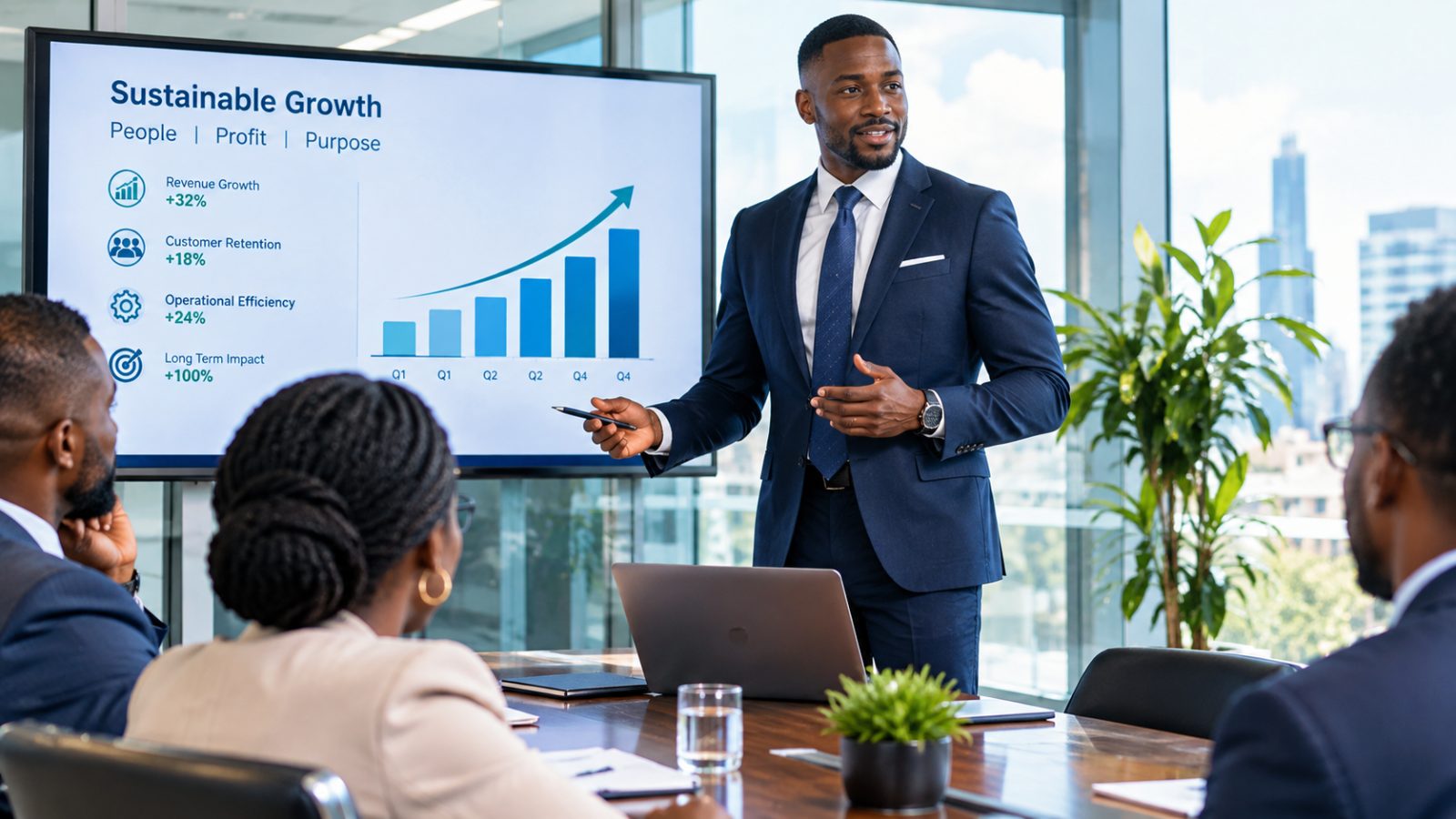 A Christian business owner presenting financial growth to show how business profit is biblical