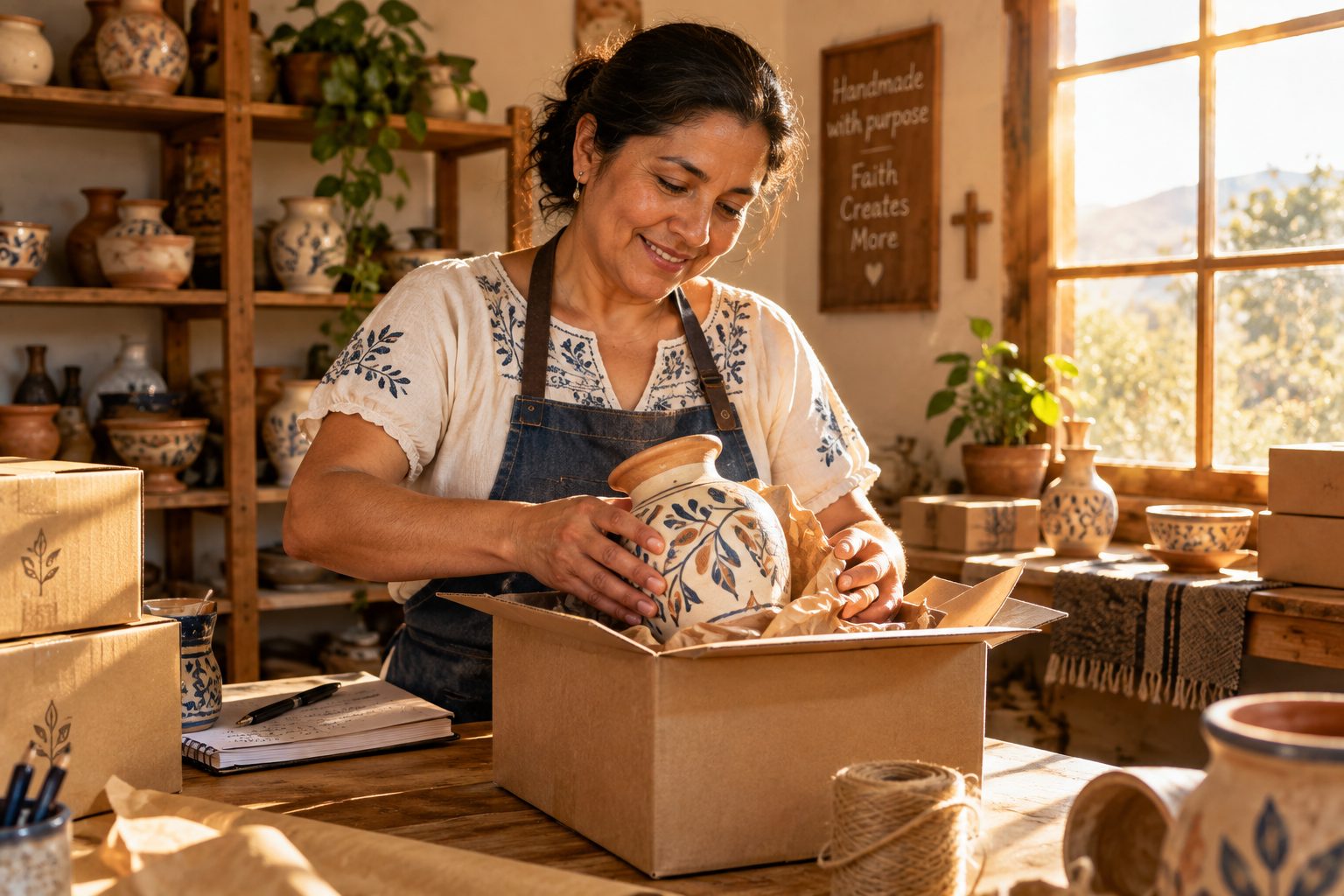 A successful Christian artisan packing her products for a customer