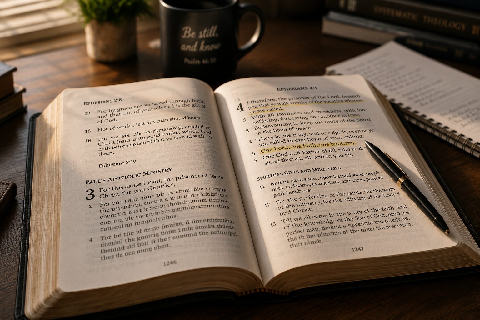 Open Bible on desk showing scripture study on Christian calling and assignment