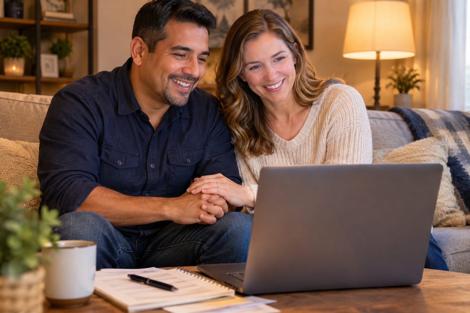 Mixed-race Christian couple experiencing relief after making a debt payoff plan