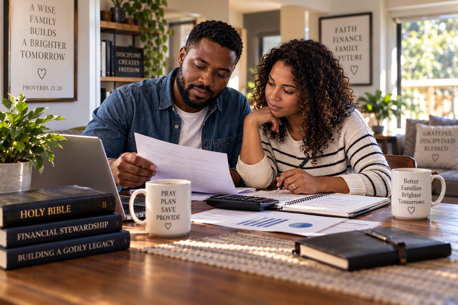 Christian couple reviewing household finances to prepare for unexpected financial trials