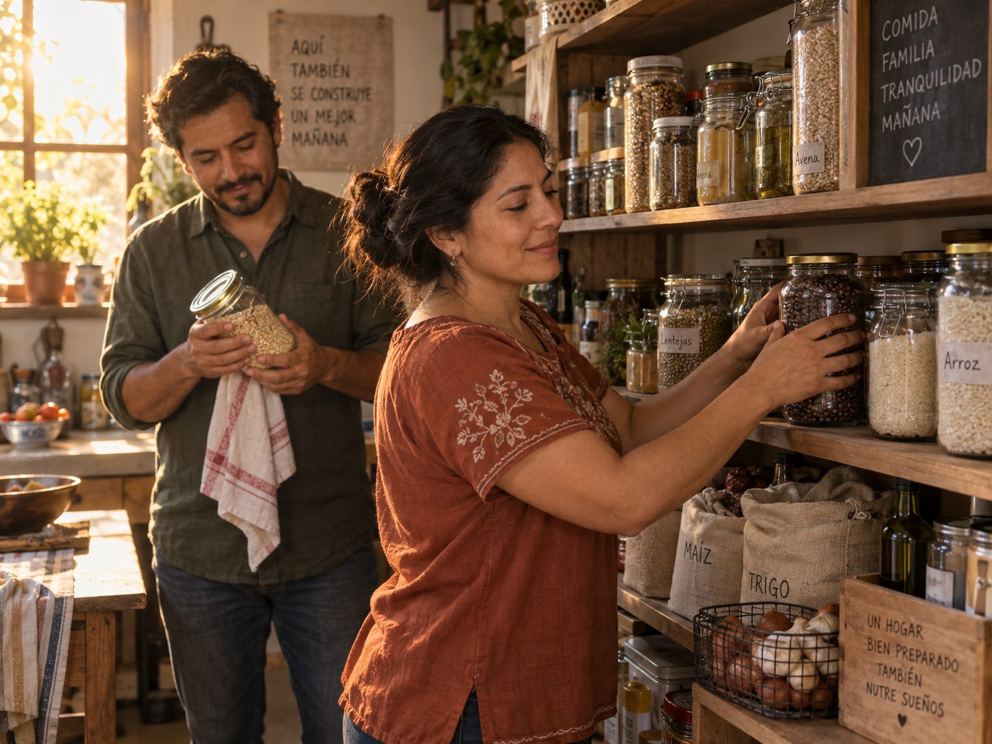 Christian couple reviewing household pantry supplies and domestic reserves