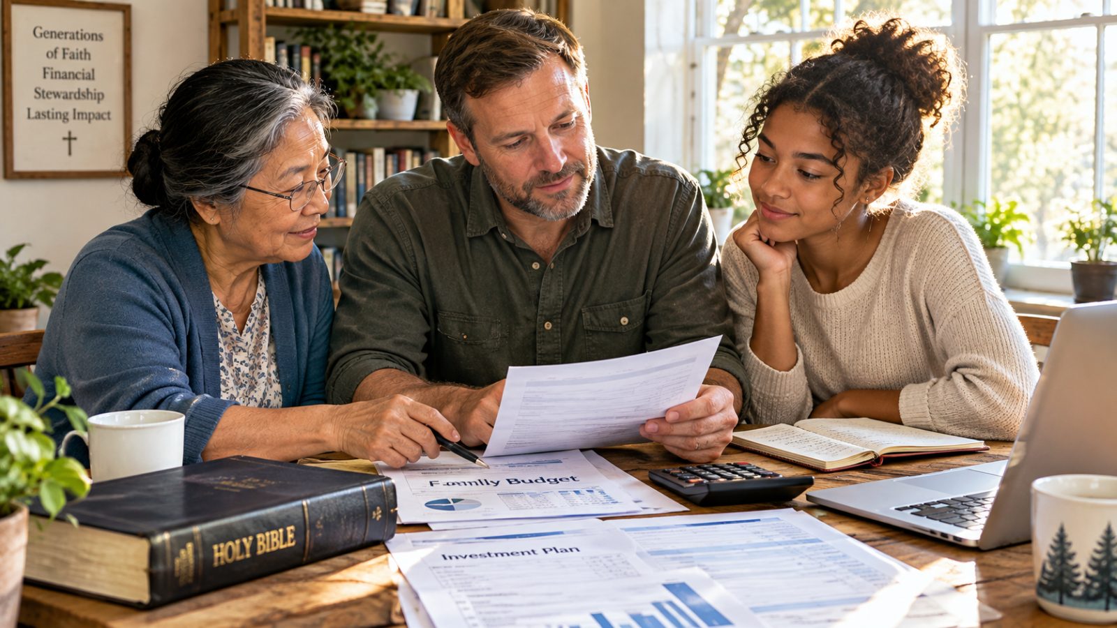 a diverse Christian family discussing financial stewardship and inheritance