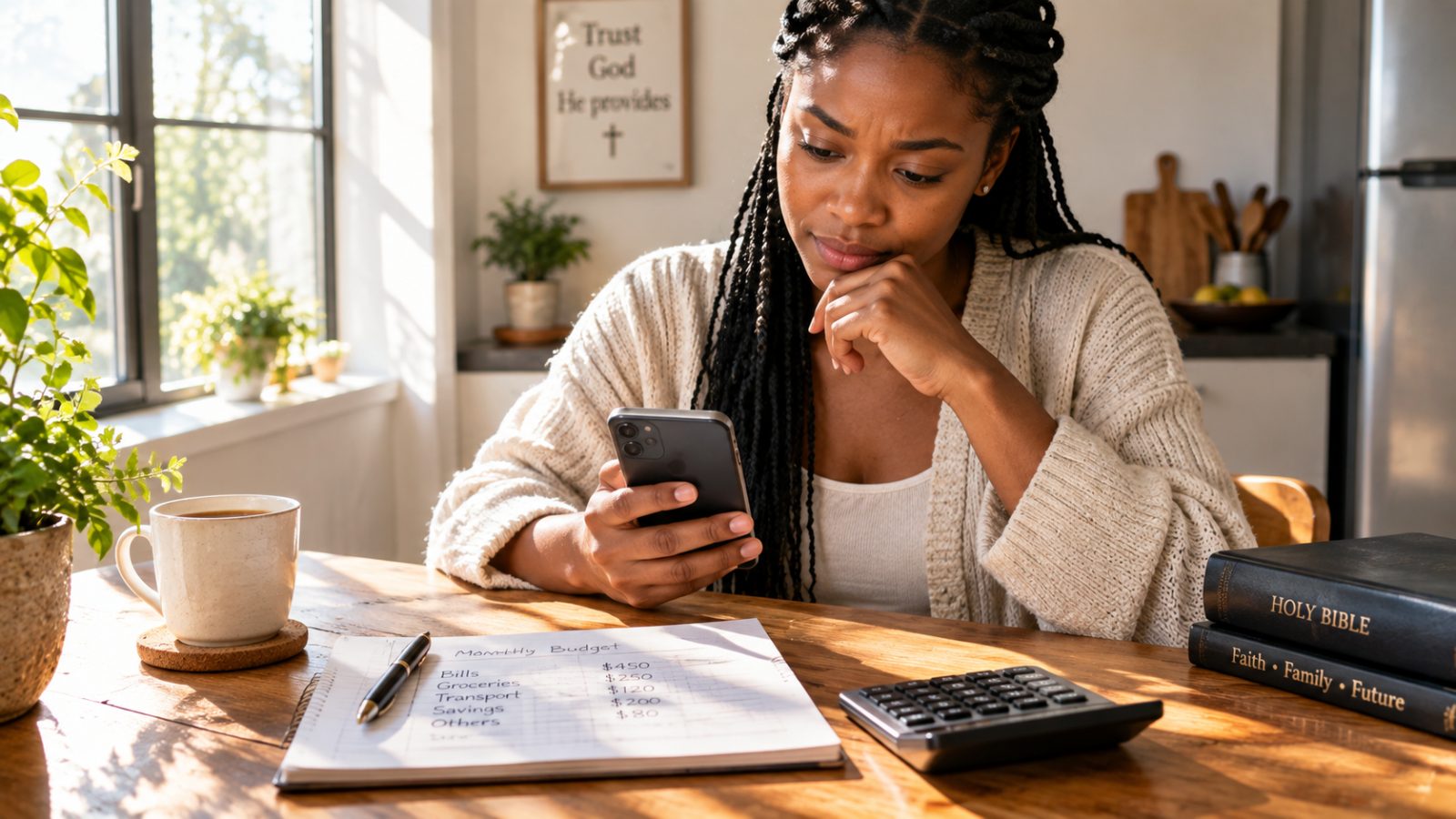 A young Christian woman reviewing her monthly budget at the kitchen table