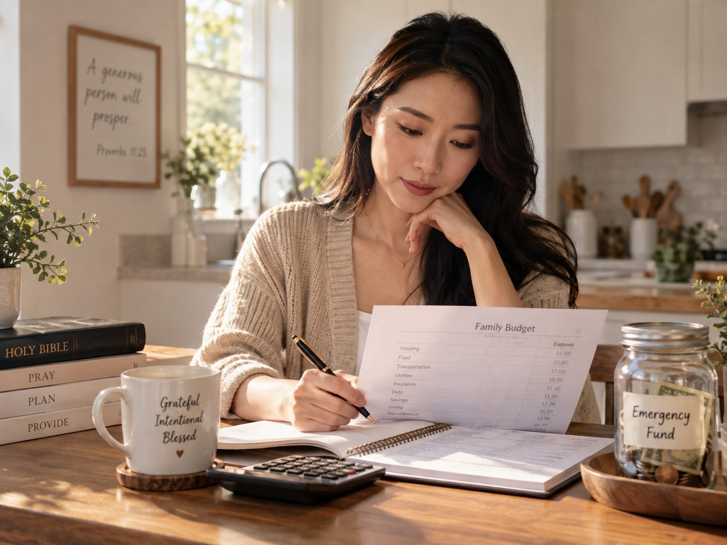 East Asian woman organising monthly household budget using biblical allocation principles
