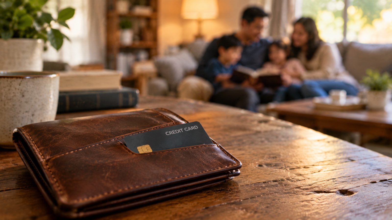 A credit card in a leather wallet on a wooden table.