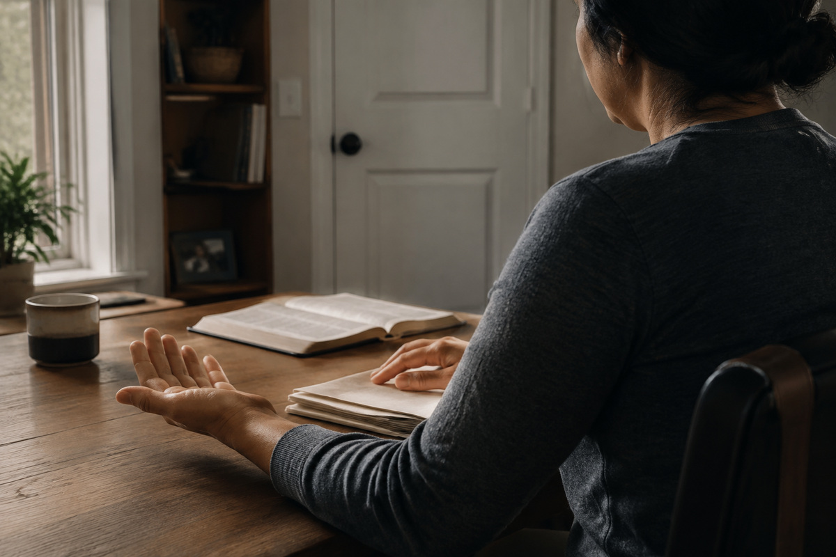 A Christian with one open hand beside a folded personal plan and an open Bible, representing surrendered prayer in Jesus' name.