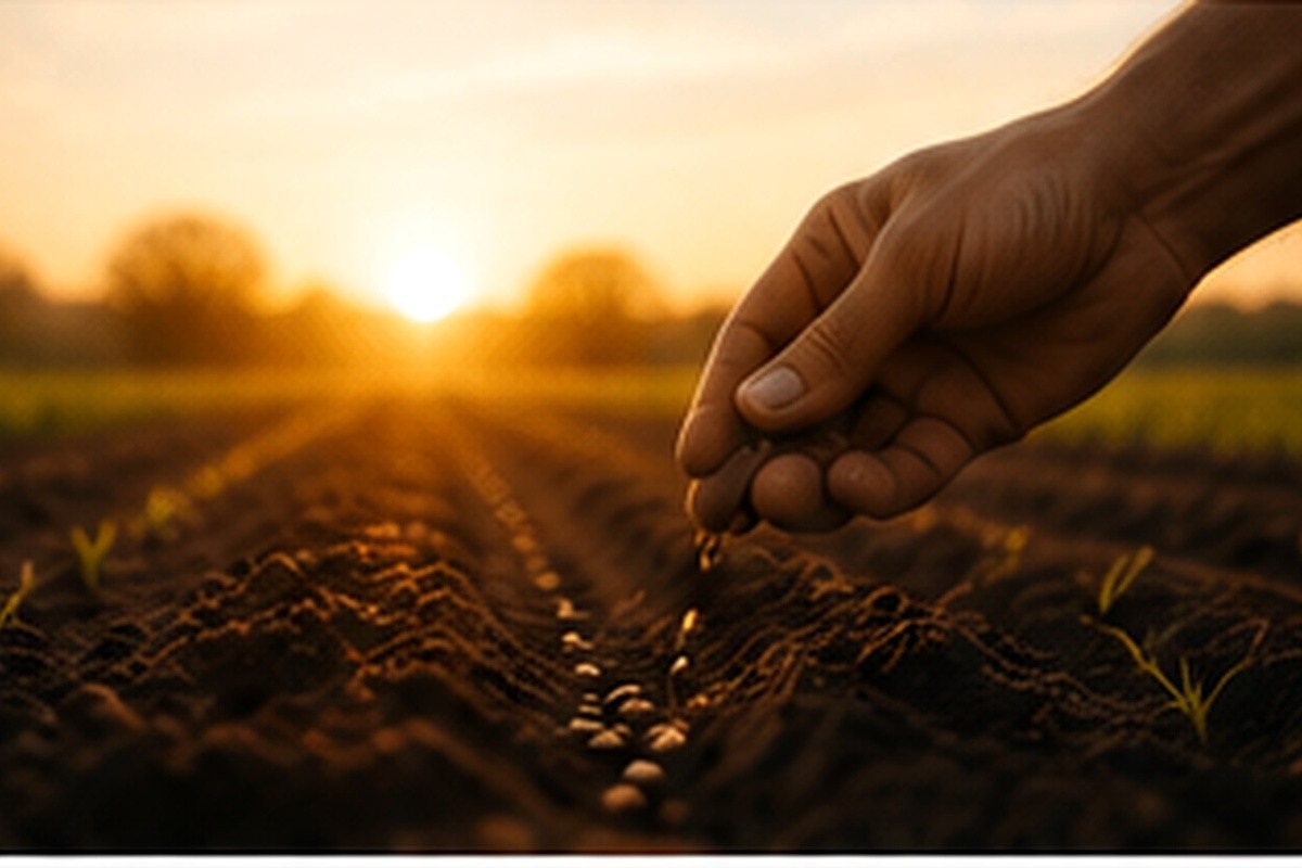 A close documentary view of a fictional farmer sowing selected seed for a future harvest.