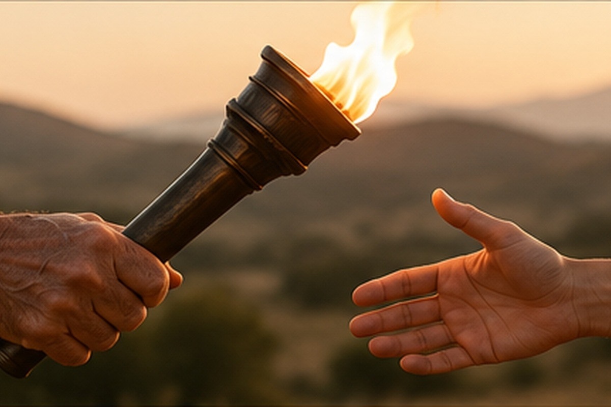 A dignified symbolic scene of one generation passing a lit torch of responsibility to another.