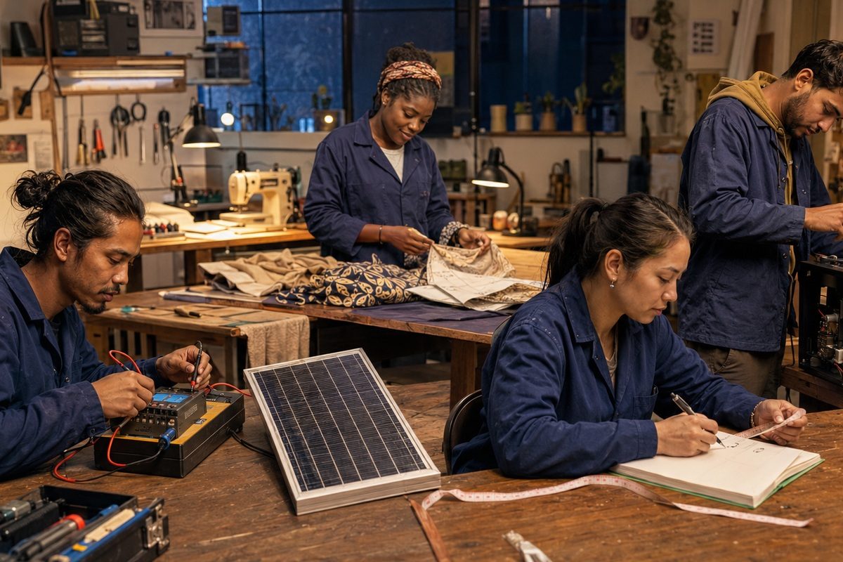 A diverse fictional workshop team combining skill, records and practical production.