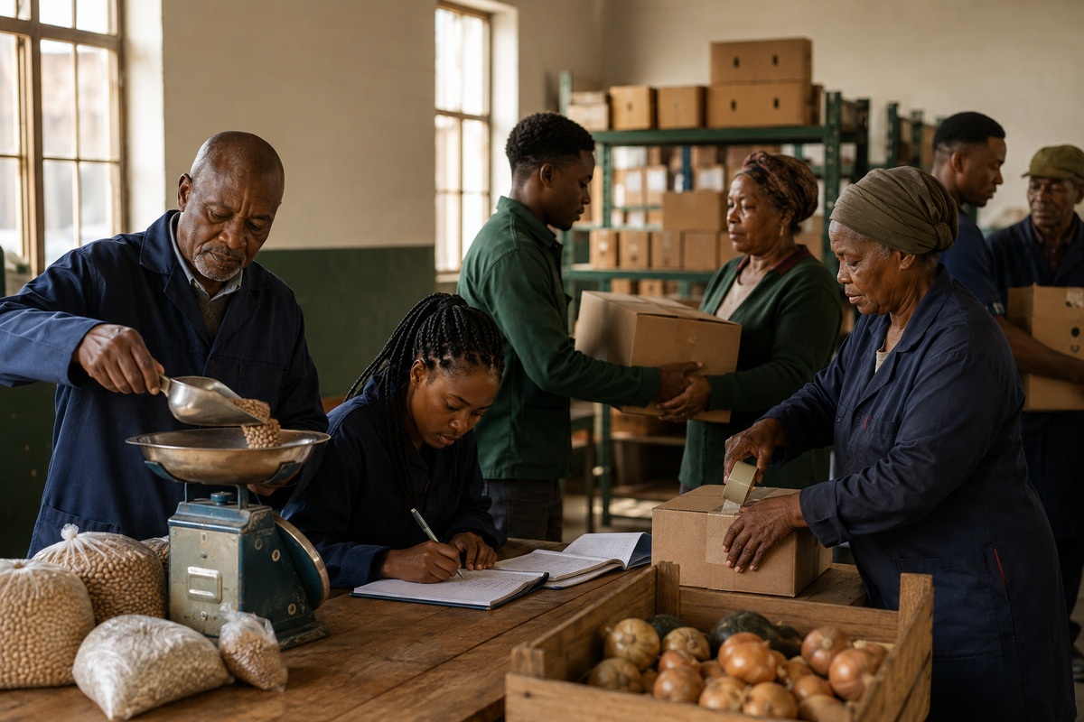 A fictional African community storehouse team managing food resources carefully for families and future need.