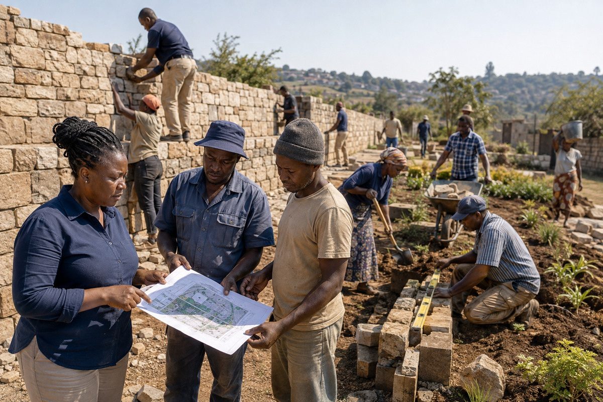A fictional African community team rebuilding different assigned sections while leaders review the shared plan.