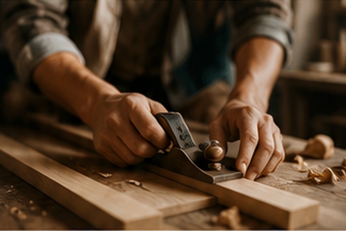 A fictional African craft worker applying skill in a small workshop while keeping simple records.
