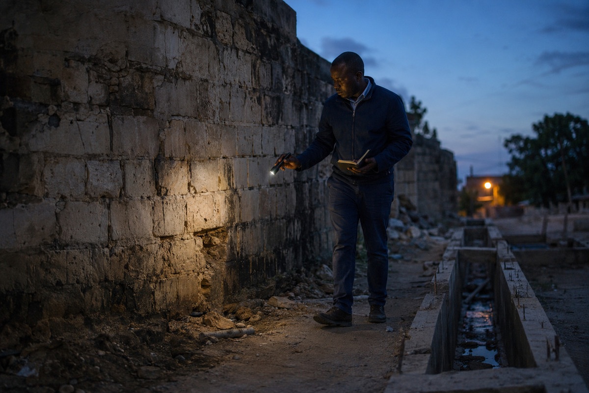 A fictional African leader inspecting a damaged wall quietly at blue hour with a torch and notebook.