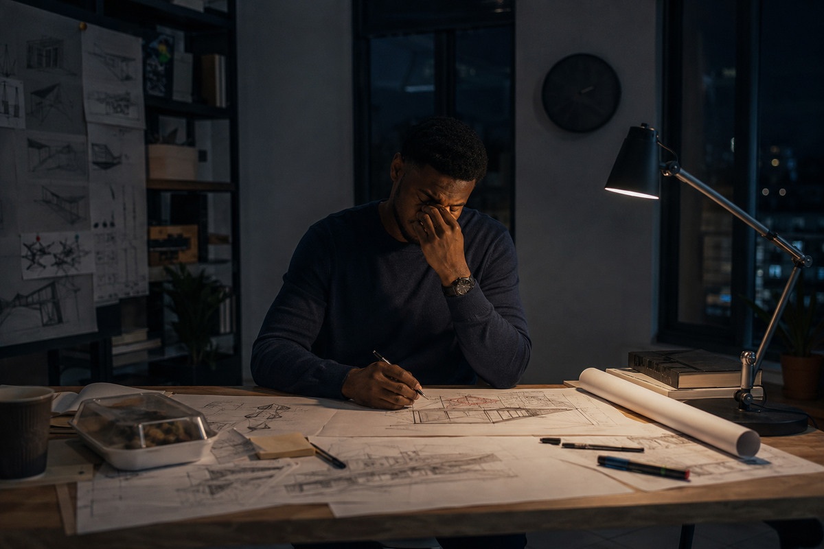 A fictional African project worker exhausted at a desk late at night, surrounded by unfinished plans.