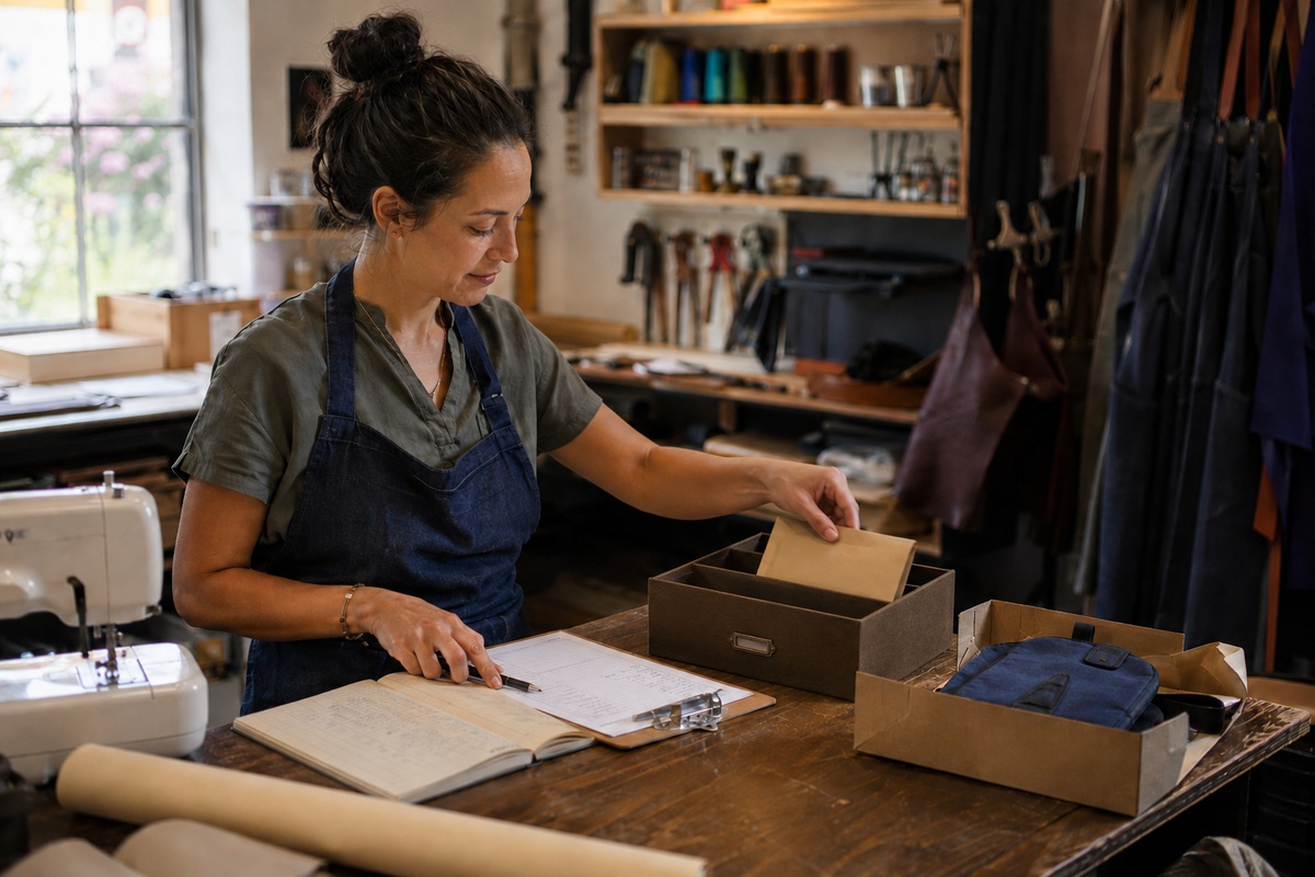 A fictional craftswoman placing a plain envelope into a small reserve box beside her work records.