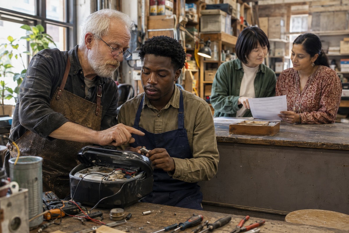 A fictional diverse repair team restores useful equipment and reviews a fair service estimate.