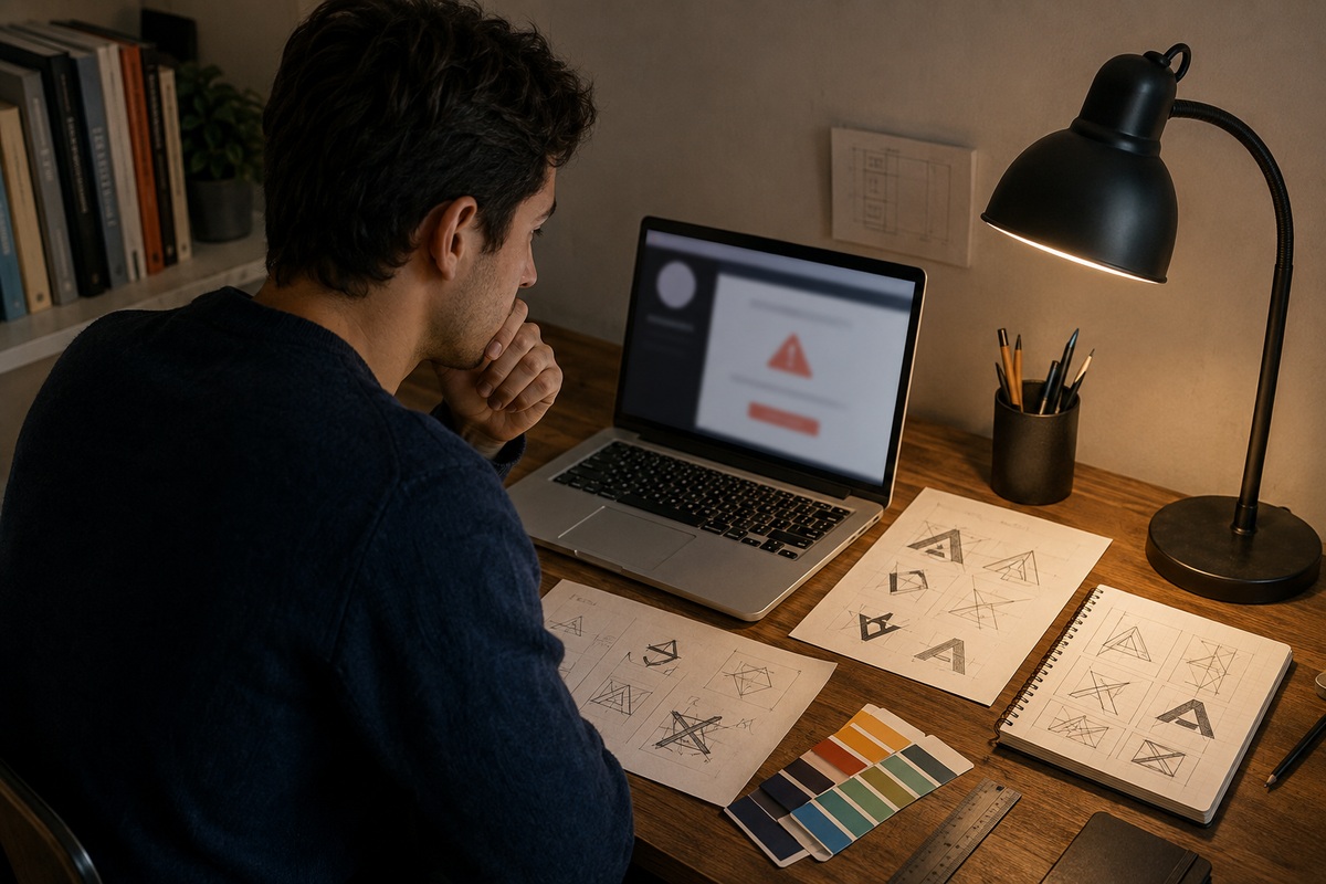 A fictional man studying a warning on a laptop beside discarded investment branding drafts.
