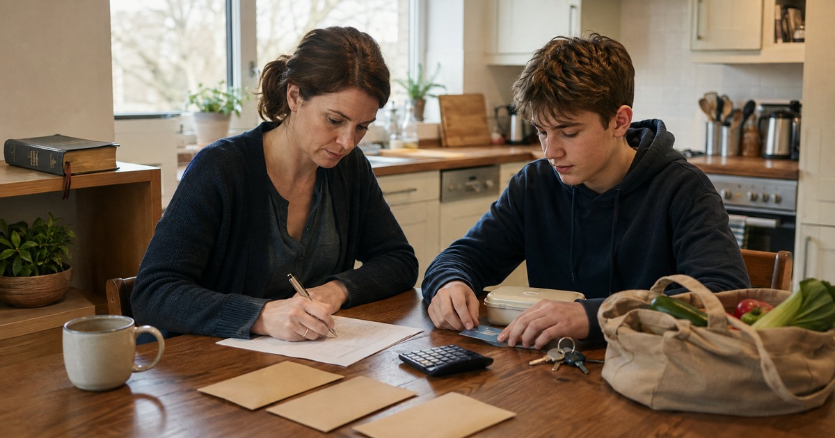 mother and teenage son building a realistic Christian household budget around groceries, transport and bills.