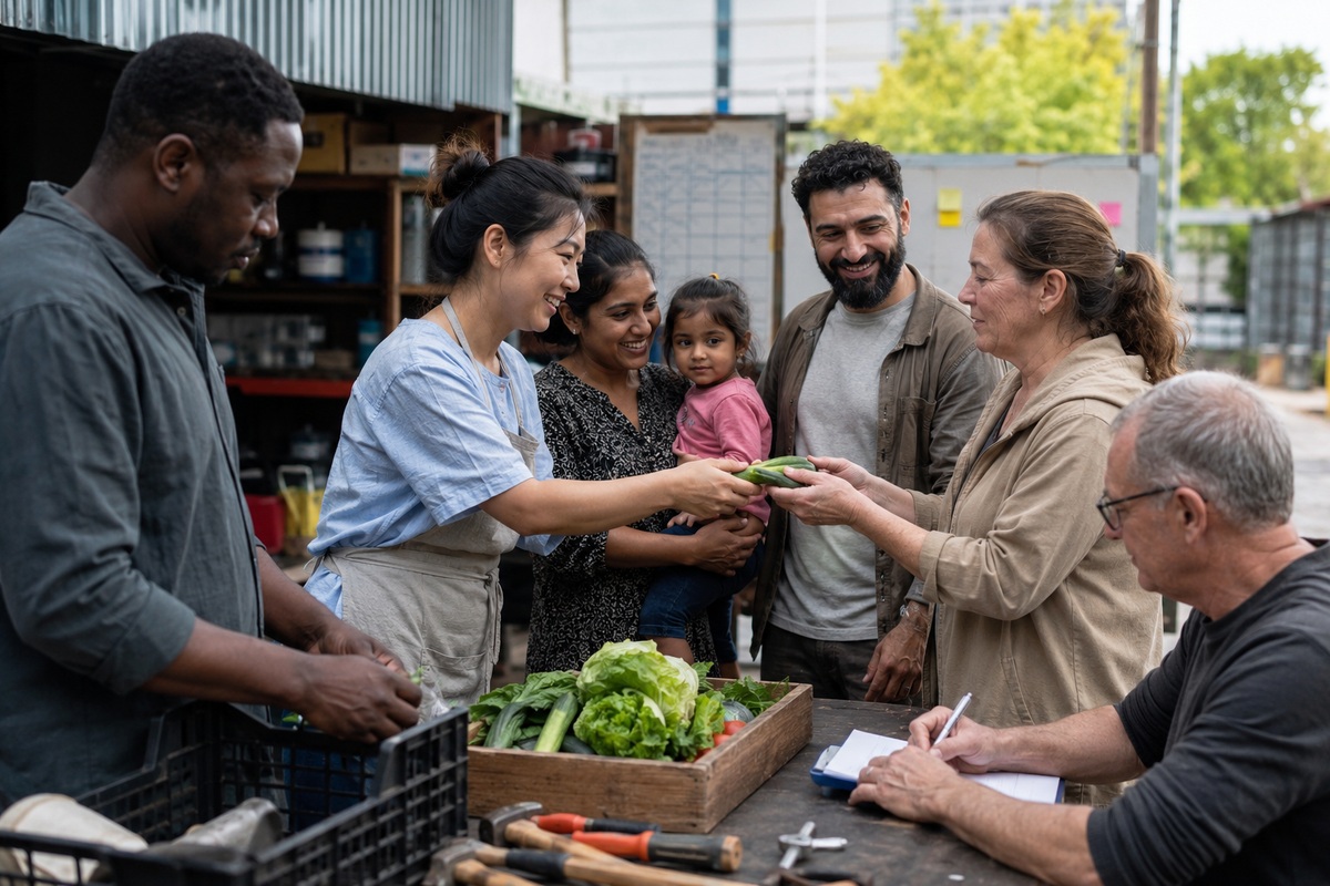 A fictional multi-ethnic neighbourhood cooperative shares produce, tools and accountable support.