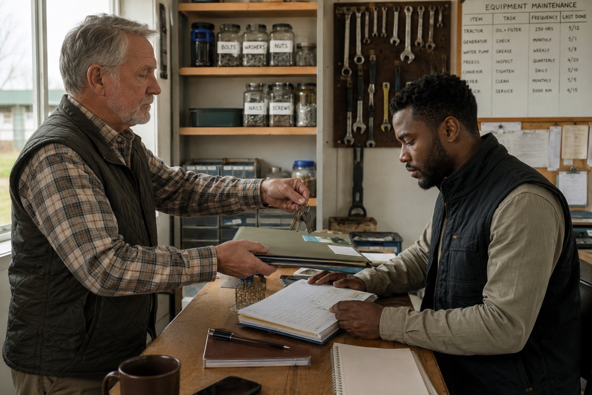 A fictional older owner entrusts keys and an inventory ledger to a younger manager who checks the records.