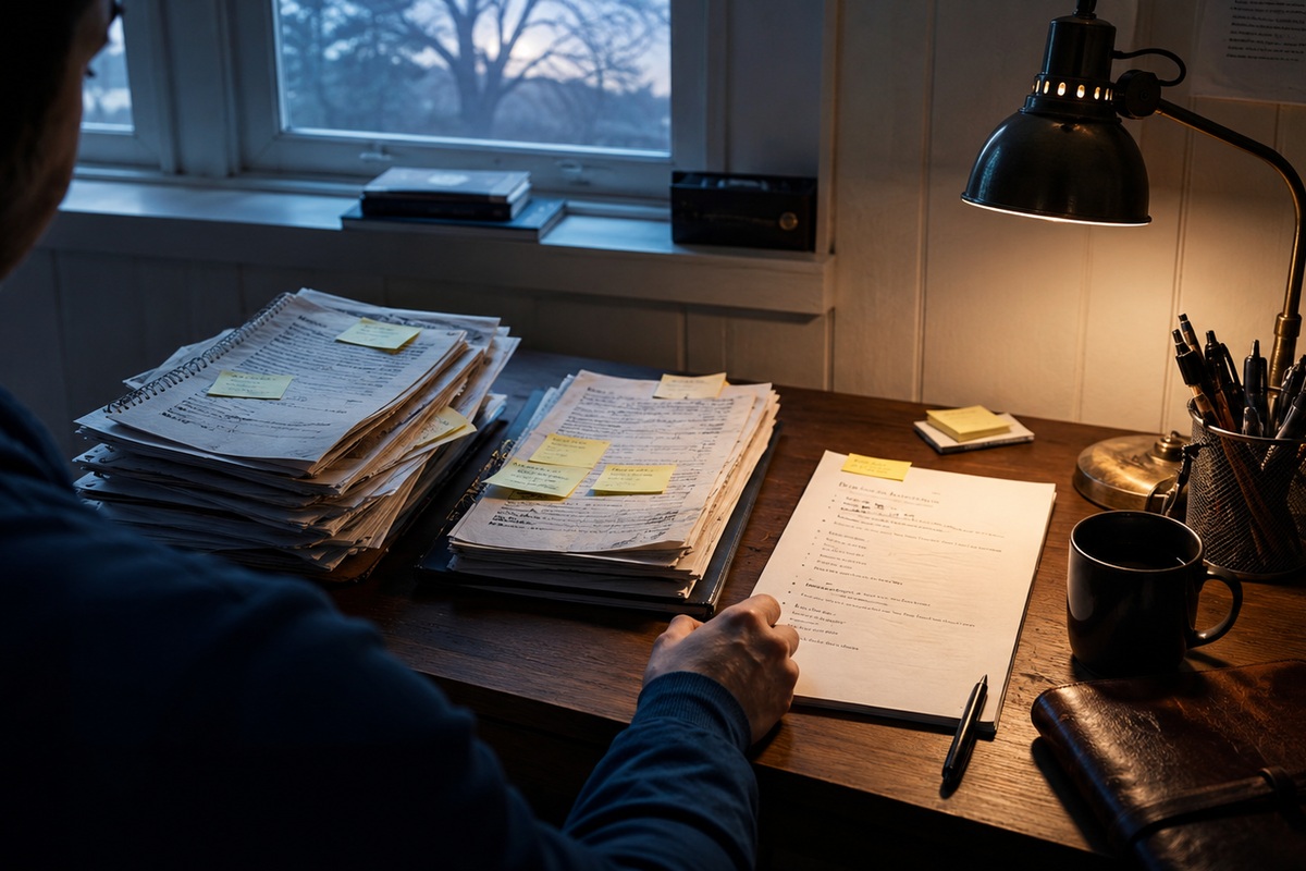 A fictional person making a complete debt inventory from statements at a quiet desk.