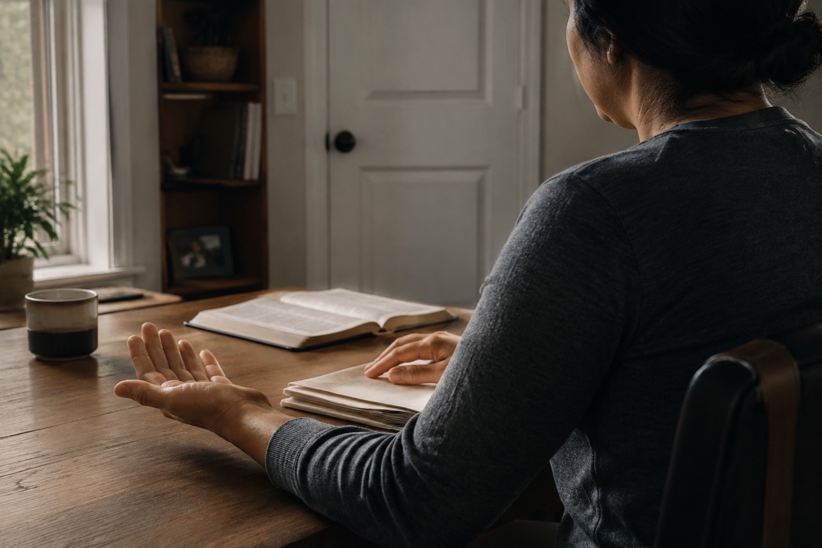 A fictional person praying quietly beside honest financial records in natural morning light.