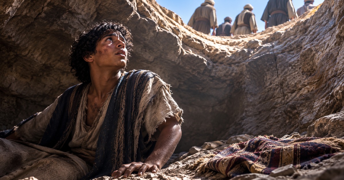 young joseph stands alone in an abandoned cistern after his brothers