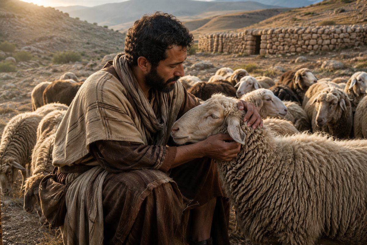A first-century shepherd carefully examining one sheep, illustrating relational knowing and abiding in Christ.