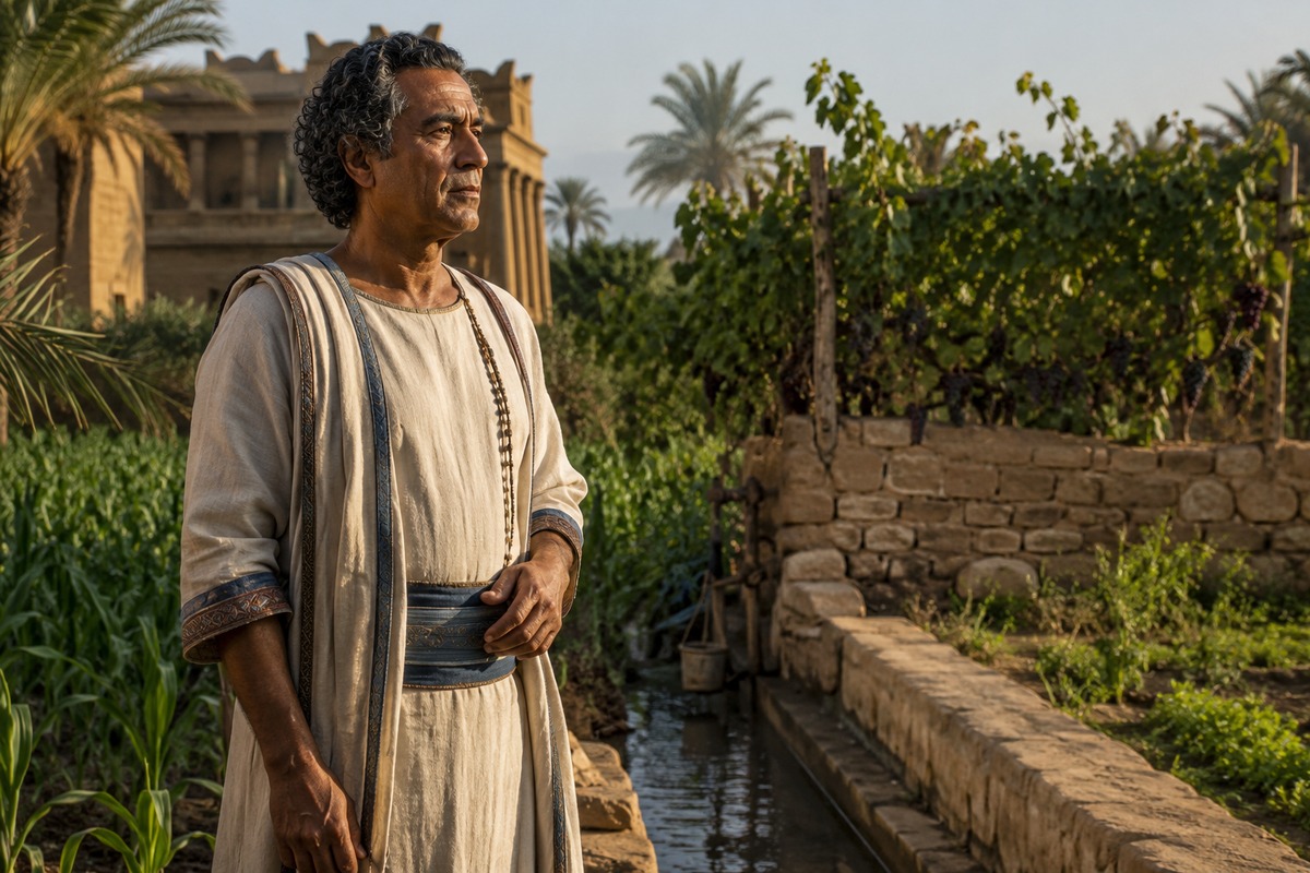 A mature Joseph stands beside a thriving vine and water channel, recalling Jacob's blessing.