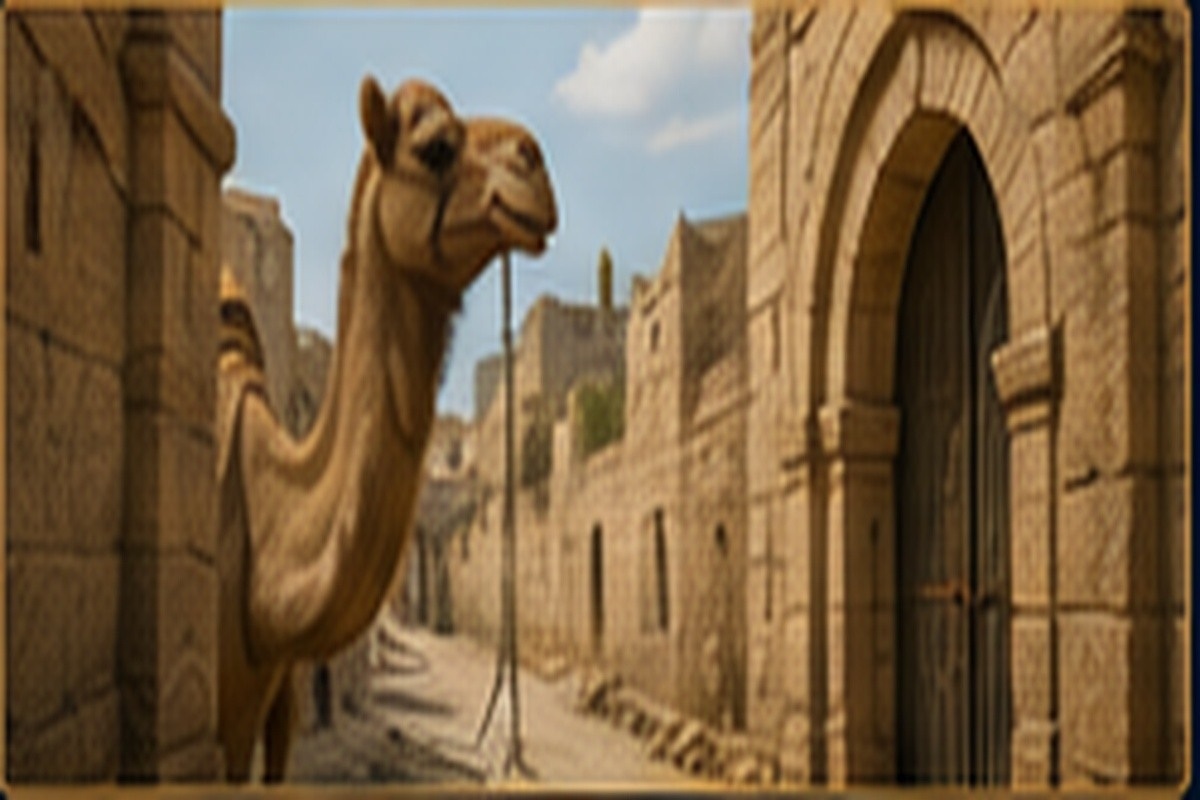 An editorial biblical scene illustrating the camel and the eye of a needle as a warning about wealth and dependence.